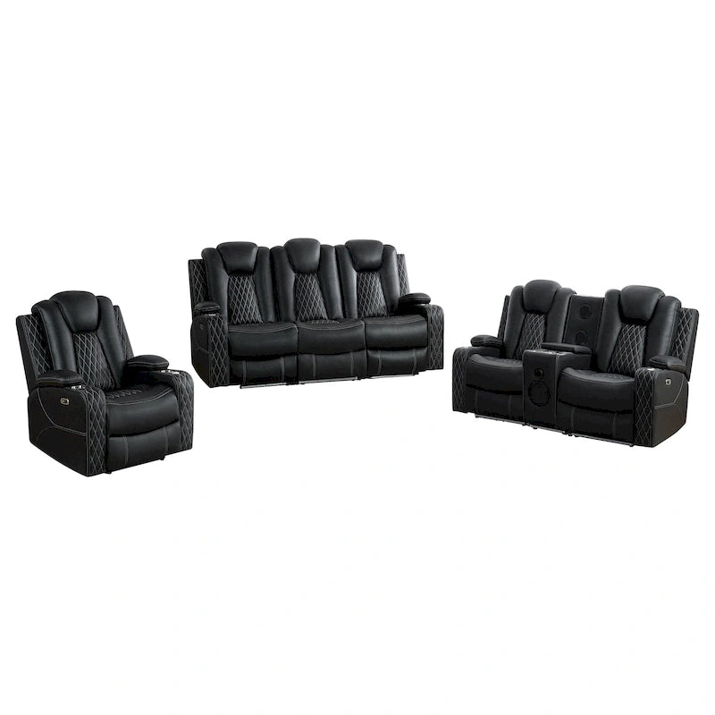 Ensemble de canapés inclinables de luxe style cinéma avec inclinaison électrique, lumières LED, chargement sans fil et haut-parleur Bluetooth