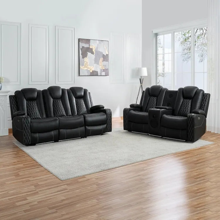Ensemble de canapés inclinables de luxe style cinéma avec inclinaison électrique, lumières LED, chargement sans fil et haut-parleur Bluetooth
