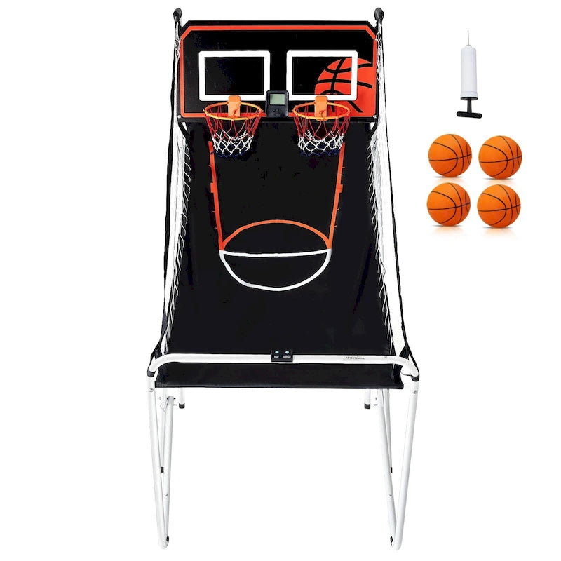 Jeu d'arcade de basketball pliable, jeu de basketball d'intérieur à 2 joueurs, sport de tir double à domicile avec 8 modes de jeu et pompe de gonflage.