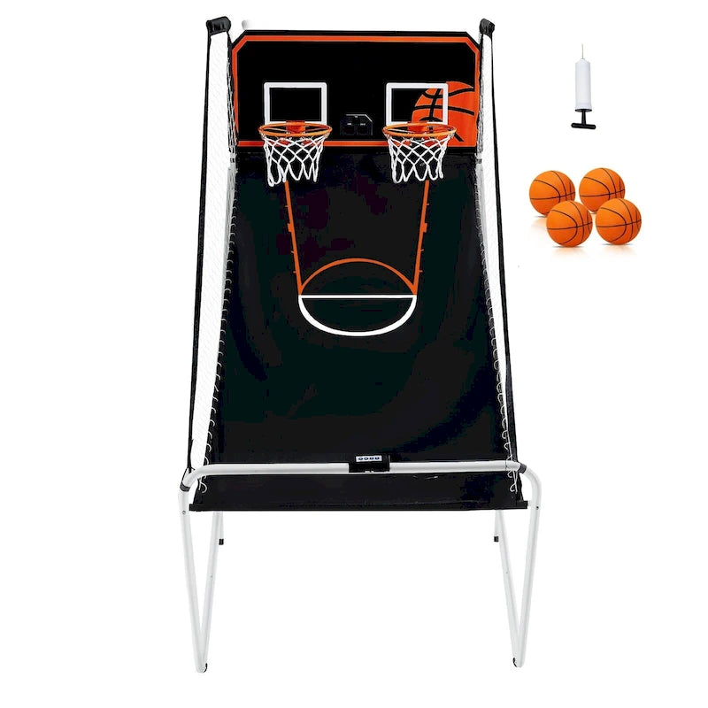 Jeu d'arcade de basketball pliable, jeu de basketball d'intérieur à 2 joueurs, sport de tir double à domicile avec 8 modes de jeu et pompe de gonflage.