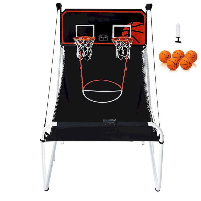 Jeu d'arcade de basketball pliable, jeu de basketball d'intérieur à 2 joueurs, sport de tir double à domicile avec 8 modes de jeu et pompe de gonflage.