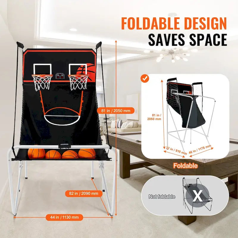 Jeu d'arcade de basketball pliable, jeu de basketball d'intérieur à 2 joueurs, sport de tir double à domicile avec 8 modes de jeu et pompe de gonflage.