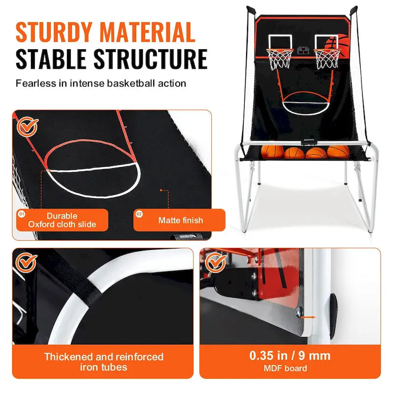 Jeu d'arcade de basketball pliable, jeu de basketball d'intérieur à 2 joueurs, sport de tir double à domicile avec 8 modes de jeu et pompe de gonflage.