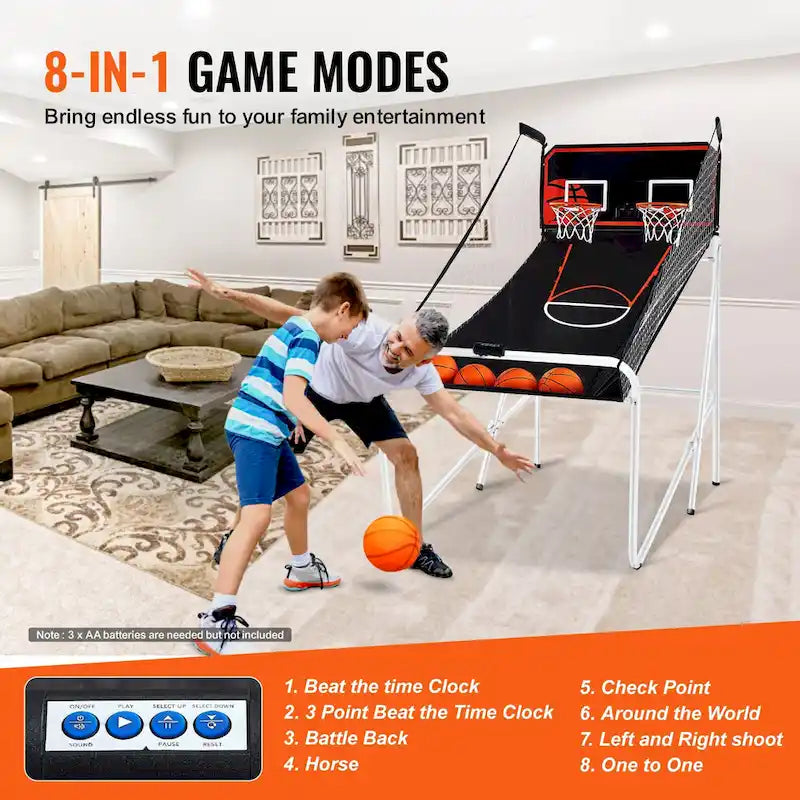 Jeu d'arcade de basketball pliable, jeu de basketball d'intérieur à 2 joueurs, sport de tir double à domicile avec 8 modes de jeu et pompe de gonflage.