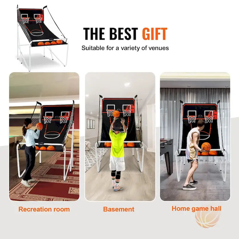 Jeu d'arcade de basketball pliable, jeu de basketball d'intérieur à 2 joueurs, sport de tir double à domicile avec 8 modes de jeu et pompe de gonflage.