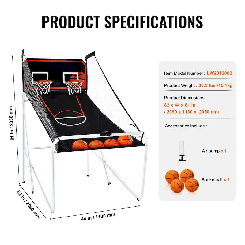 Jeu d'arcade de basketball pliable, jeu de basketball d'intérieur à 2 joueurs, sport de tir double à domicile avec 8 modes de jeu et pompe de gonflage.