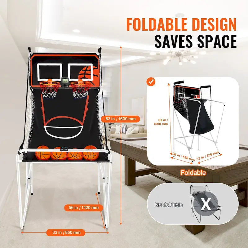 Jeu d'arcade de basketball pliable, jeu de basketball d'intérieur à 2 joueurs, sport de tir double à domicile avec 8 modes de jeu et pompe de gonflage.