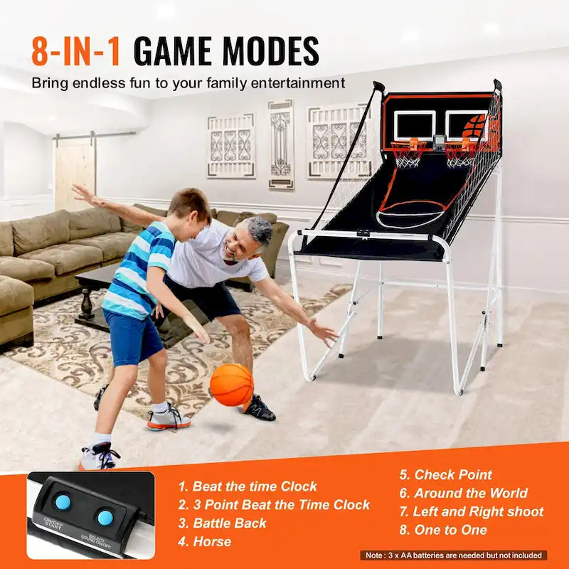Jeu d'arcade de basketball pliable, jeu de basketball d'intérieur à 2 joueurs, sport de tir double à domicile avec 8 modes de jeu et pompe de gonflage.