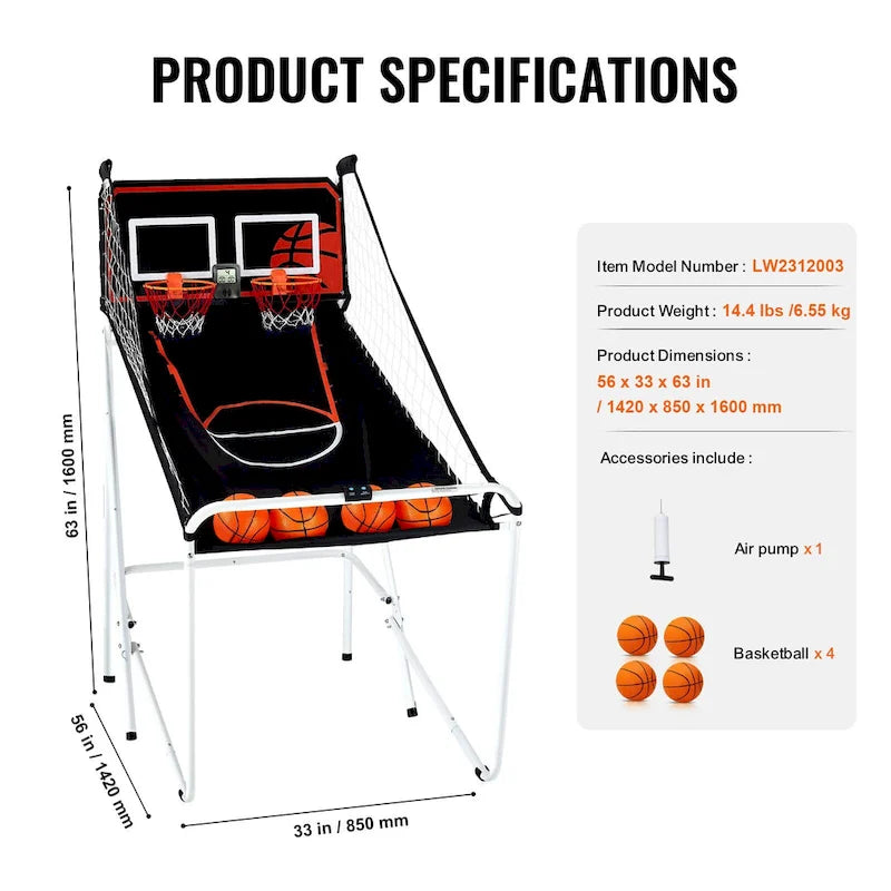 Jeu d'arcade de basketball pliable, jeu de basketball d'intérieur à 2 joueurs, sport de tir double à domicile avec 8 modes de jeu et pompe de gonflage.
