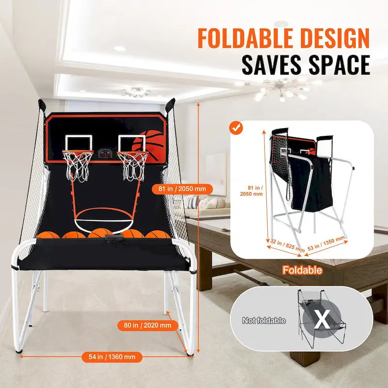 Jeu d'arcade de basketball pliable, jeu de basketball d'intérieur à 2 joueurs, sport de tir double à domicile avec 8 modes de jeu et pompe de gonflage.