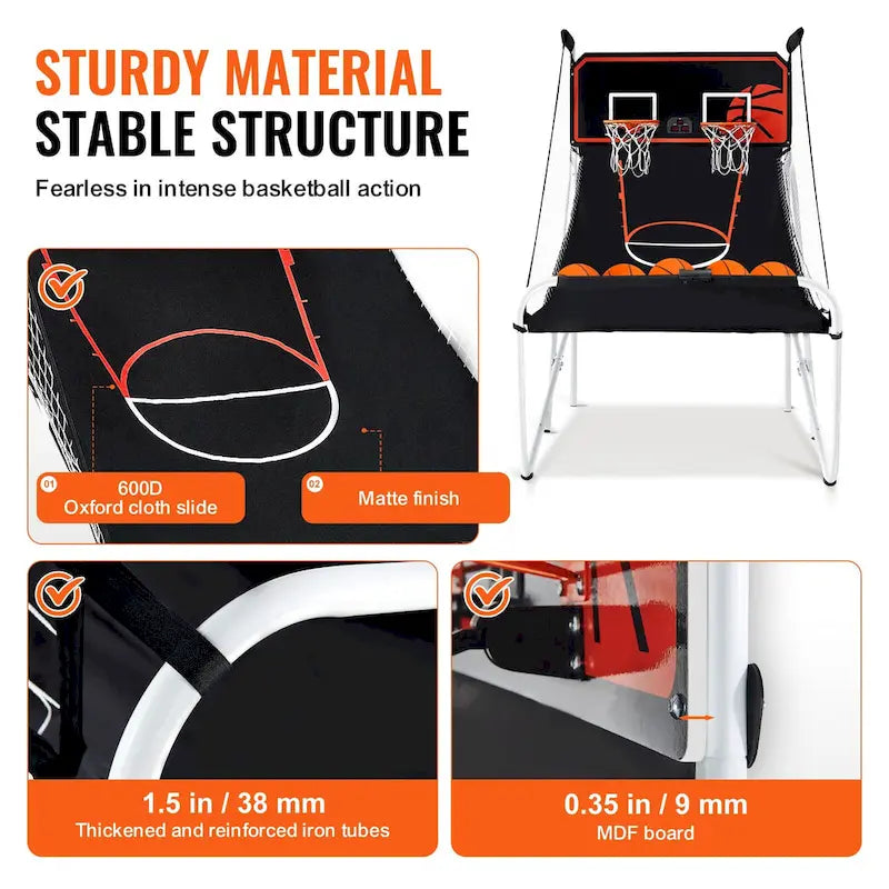 Jeu d'arcade de basketball pliable, jeu de basketball d'intérieur à 2 joueurs, sport de tir double à domicile avec 8 modes de jeu et pompe de gonflage.