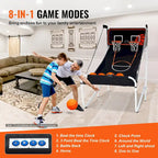 Jeu d'arcade de basketball pliable, jeu de basketball d'intérieur à 2 joueurs, sport de tir double à domicile avec 8 modes de jeu et pompe de gonflage.