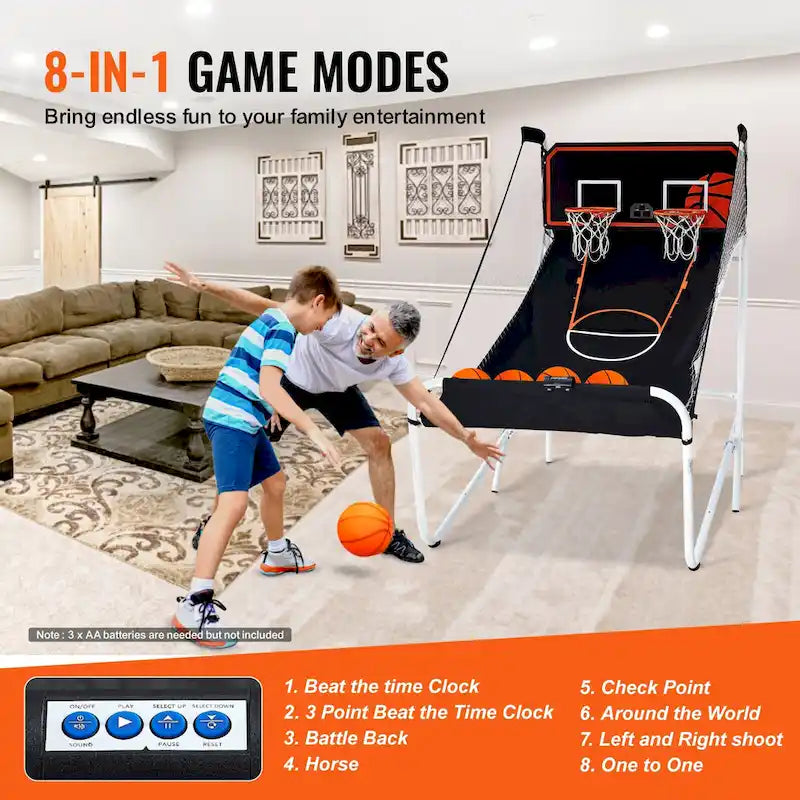 Jeu d'arcade de basketball pliable, jeu de basketball d'intérieur à 2 joueurs, sport de tir double à domicile avec 8 modes de jeu et pompe de gonflage.