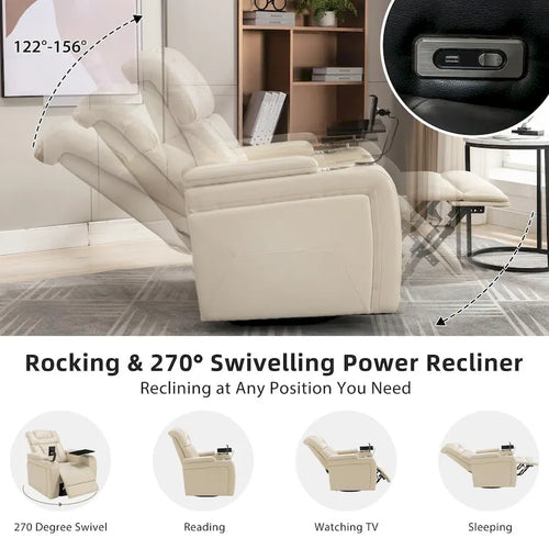 Fauteuil inclinable électrique pivotant à 270° en cuir PU avec support pour téléphone, porte-gobelet et port USB - Idéal pour le salon ou le home cinéma.