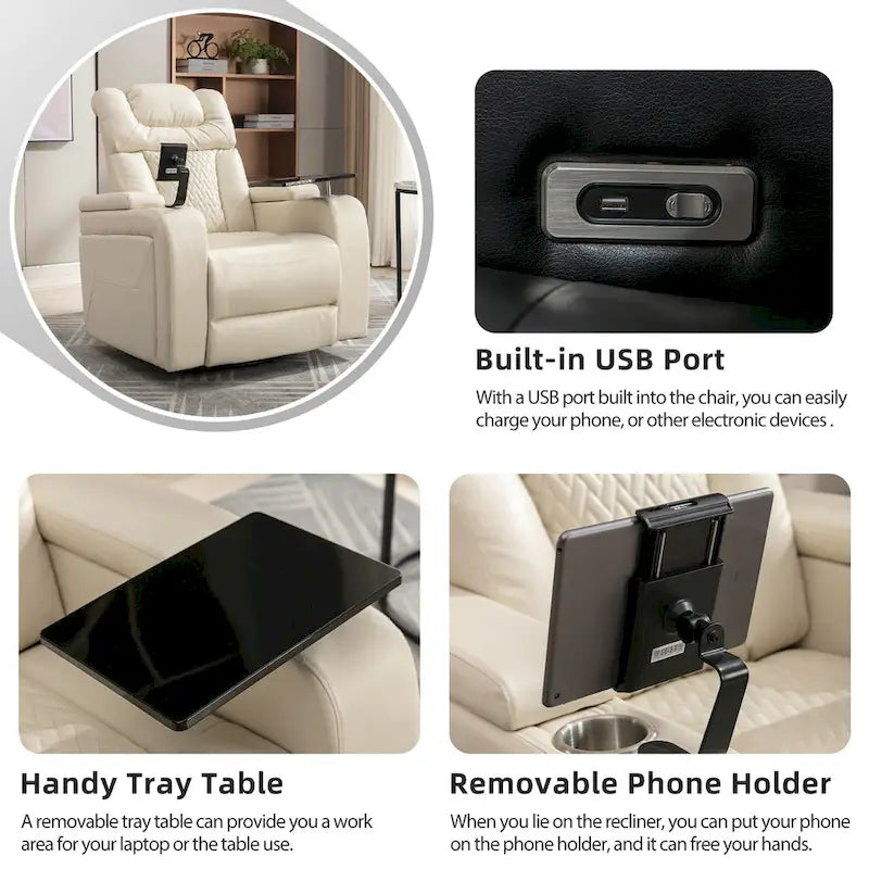 Fauteuil inclinable électrique pivotant à 270° en cuir PU avec support pour téléphone, porte-gobelet et port USB - Idéal pour le salon ou le home cinéma.