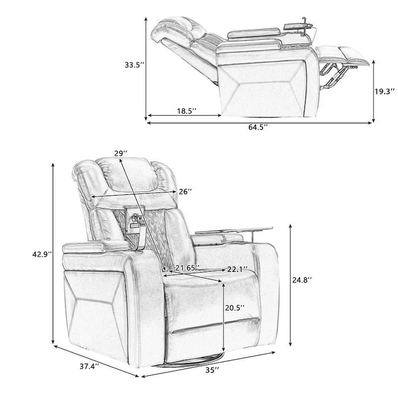 Fauteuil inclinable électrique pivotant à 270° en cuir PU avec support pour téléphone, porte-gobelet et port USB - Idéal pour le salon ou le home cinéma.