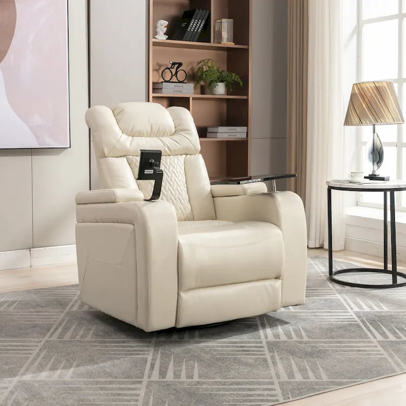 Fauteuil inclinable électrique pivotant à 270° en cuir PU avec support pour téléphone, porte-gobelet et port USB - Idéal pour le salon ou le home cinéma.