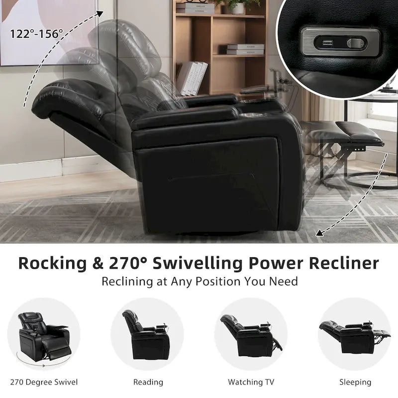 Fauteuil inclinable électrique pivotant à 270° en cuir PU avec support pour téléphone, porte-gobelet et port USB - Idéal pour le salon ou le home cinéma.