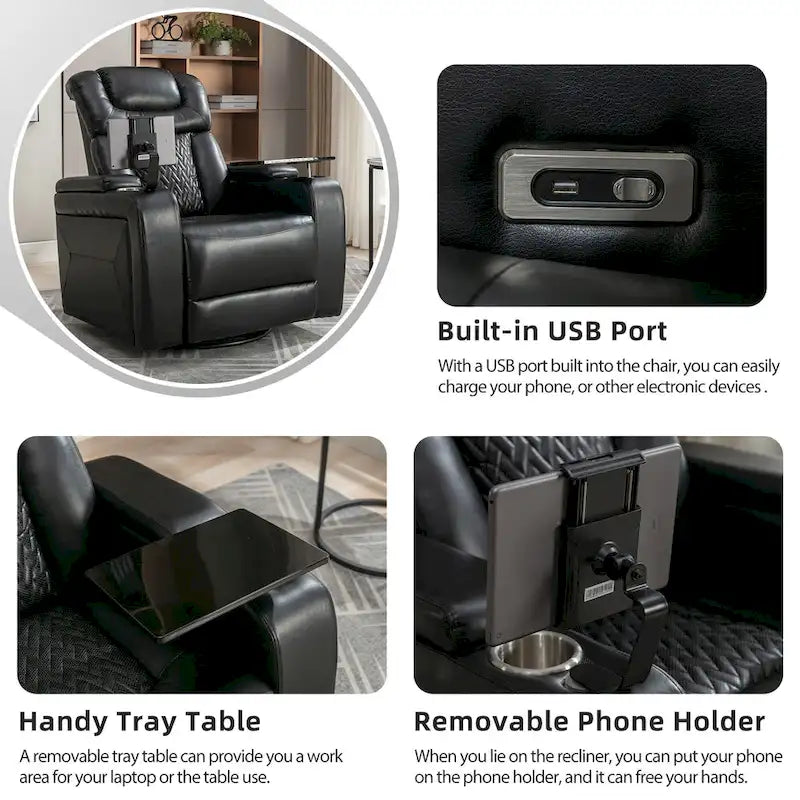Fauteuil inclinable électrique pivotant à 270° en cuir PU avec support pour téléphone, porte-gobelet et port USB - Idéal pour le salon ou le home cinéma.