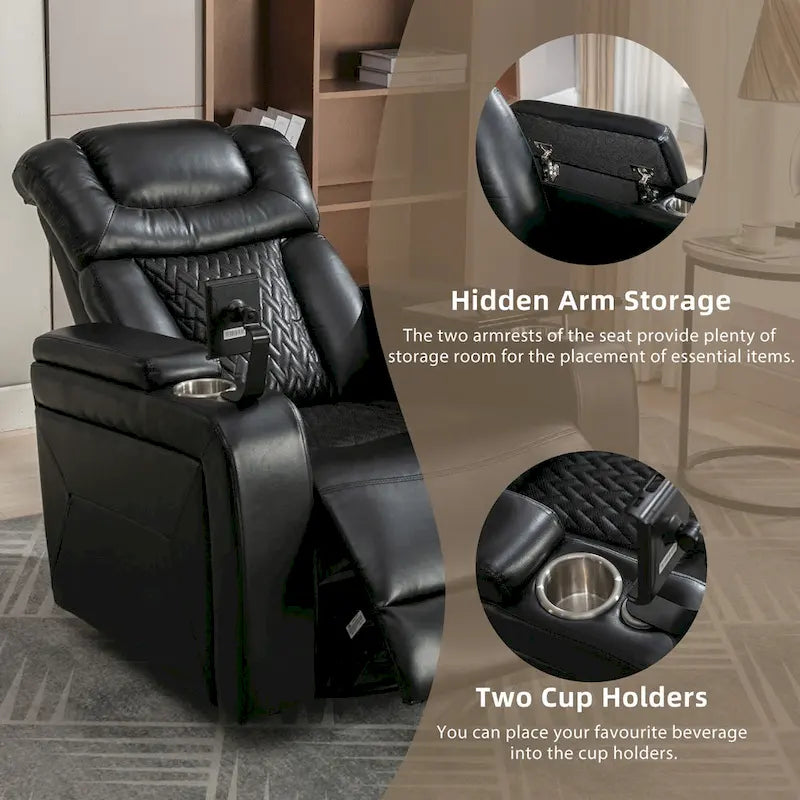 Fauteuil inclinable électrique pivotant à 270° en cuir PU avec support pour téléphone, porte-gobelet et port USB - Idéal pour le salon ou le home cinéma.