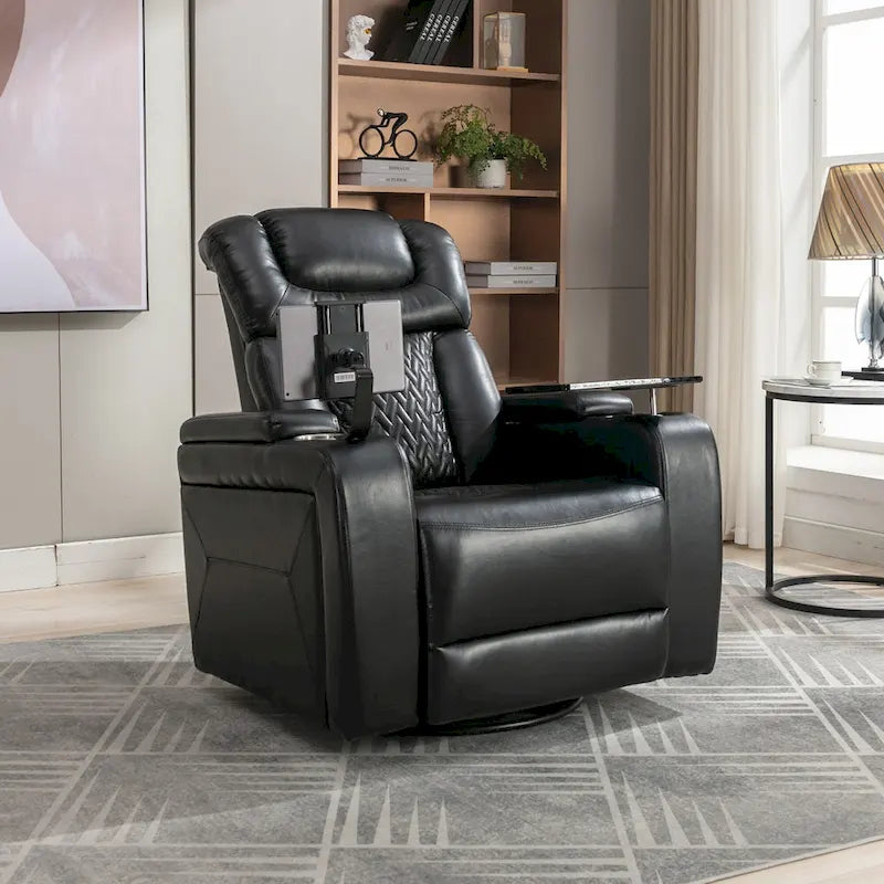 Fauteuil inclinable électrique pivotant à 270° en cuir PU avec support pour téléphone, porte-gobelet et port USB - Idéal pour le salon ou le home cinéma.