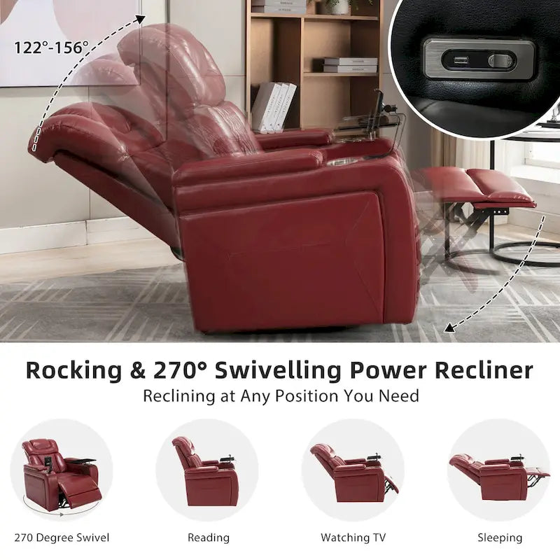 Fauteuil inclinable électrique pivotant à 270° en cuir PU avec support pour téléphone, porte-gobelet et port USB - Idéal pour le salon ou le home cinéma.