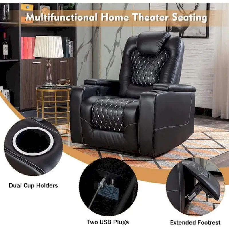 Fauteuils de cinéma maison électriques rembourrés, inclinables, en cuir PU, avec rangement dissimulé dans les accoudoirs