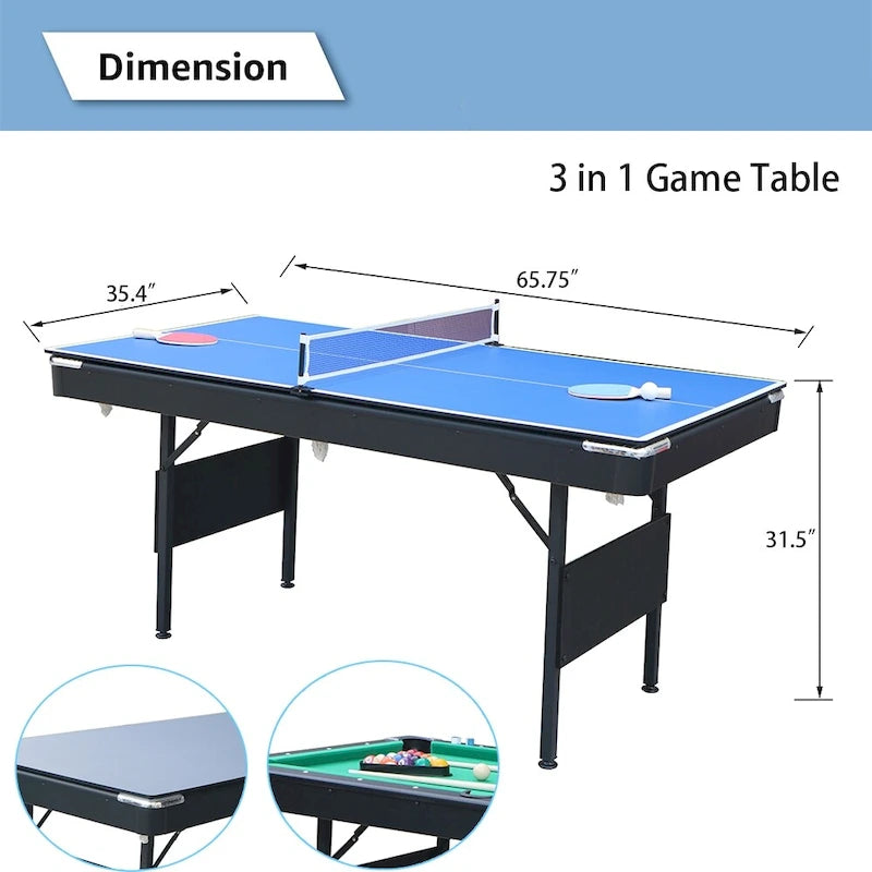 Table de jeu portable 3 en 1 de 65,7 pouces (billard, ping-pong, table de jeu pour la maison) - Non disponible