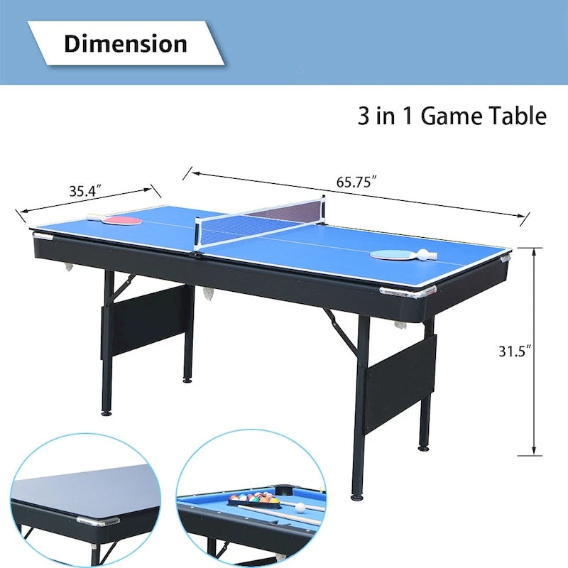 Table de jeu portable 3 en 1 de 65,7 pouces (billard, ping-pong, table de jeu pour la maison) - Non disponible