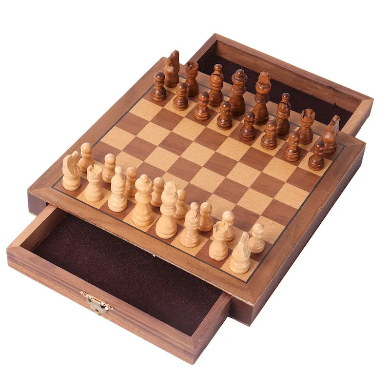 GSE 10  Magnetic Travel Chess Set, Wooden Chess Board Game Set with Drawers, Classic Portable Chess Set