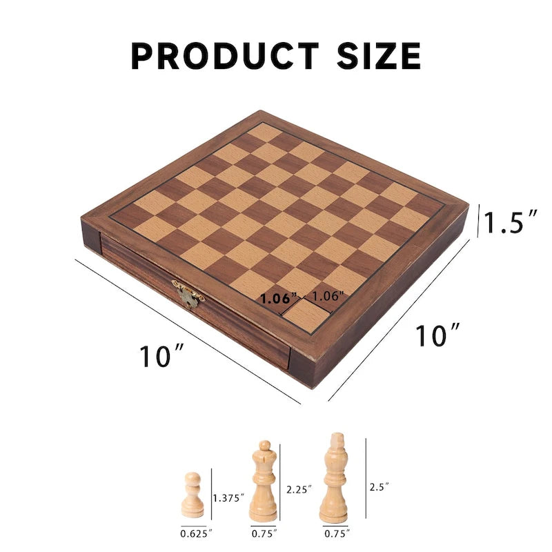 Jeu d'échecs de voyage magnétique GSE 10, jeu d'échecs en bois avec tiroirs, jeu d'échecs portable classique