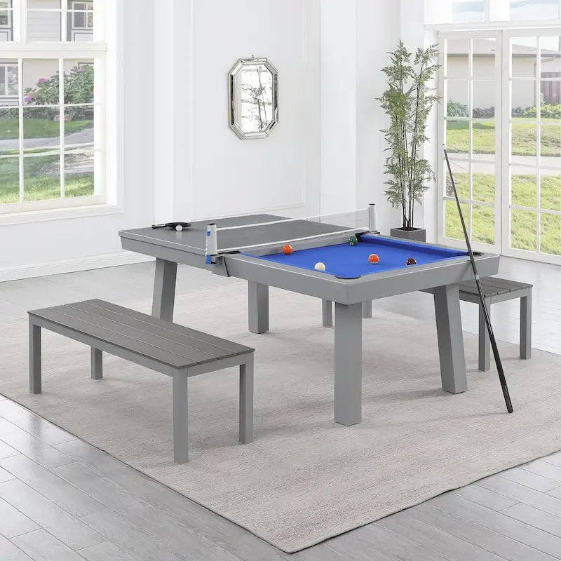 Ensemble de salle à manger Laguna avec table de billard en ardoise de 2,13 m (7 pi) pour intérieur/extérieur, 2 bancs et accessoires, finition ciment