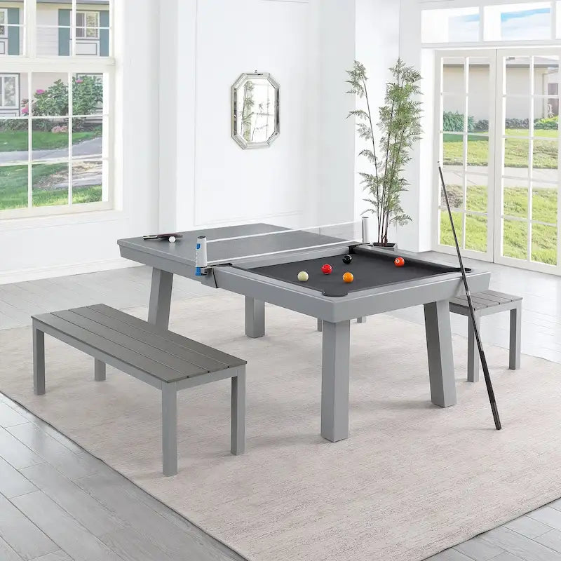Ensemble de salle à manger Laguna avec table de billard en ardoise de 2,13 m (7 pi) pour intérieur/extérieur, 2 bancs et accessoires, finition ciment