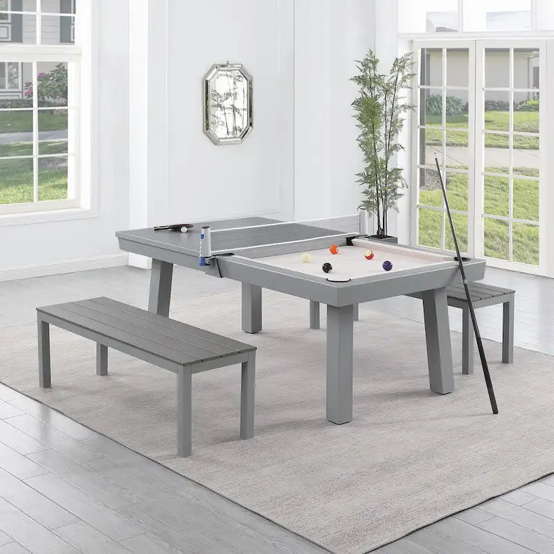 Ensemble de salle à manger Laguna avec table de billard en ardoise de 2,13 m (7 pi) pour intérieur/extérieur, 2 bancs et accessoires, finition ciment