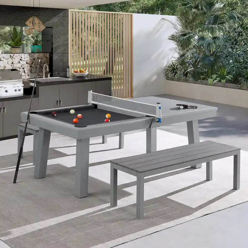 Ensemble de salle à manger Laguna avec table de billard en ardoise de 2,13 m (7 pi) pour intérieur/extérieur, 2 bancs et accessoires, finition ciment
