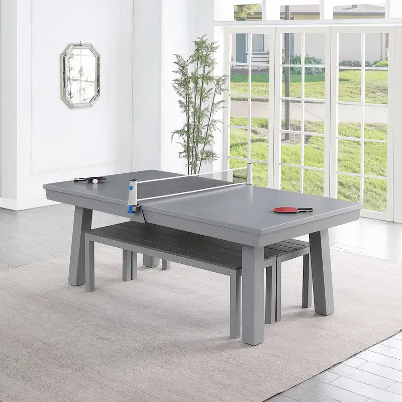 Ensemble de salle à manger Laguna avec table de billard en ardoise de 2,13 m (7 pi) pour intérieur/extérieur, 2 bancs et accessoires, finition ciment
