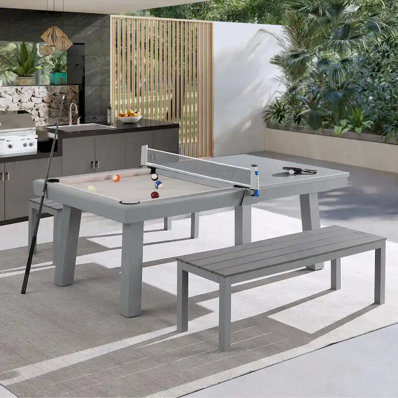 Ensemble de salle à manger Laguna avec table de billard en ardoise de 2,13 m (7 pi) pour intérieur/extérieur, 2 bancs et accessoires, finition ciment