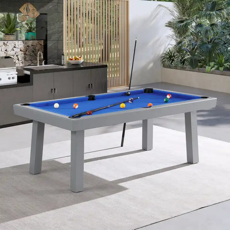 Ensemble de salle à manger Laguna avec table de billard en ardoise de 2,13 m (7 pi) pour intérieur/extérieur, 2 bancs et accessoires, finition ciment
