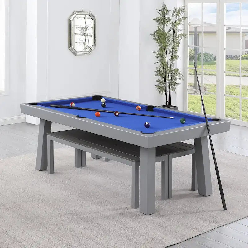 Ensemble de salle à manger Laguna avec table de billard en ardoise de 2,13 m (7 pi) pour intérieur/extérieur, 2 bancs et accessoires, finition ciment