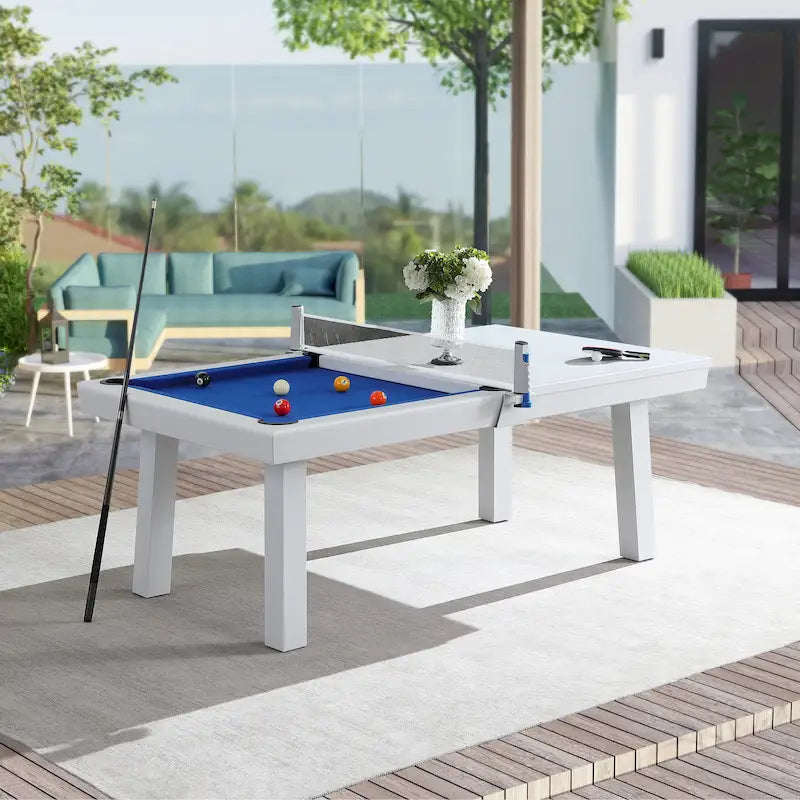 Table de billard Laguna 2,44 m (8 pi) en ardoise, utilisable en intérieur et en extérieur, avec plateau repas et accessoires.