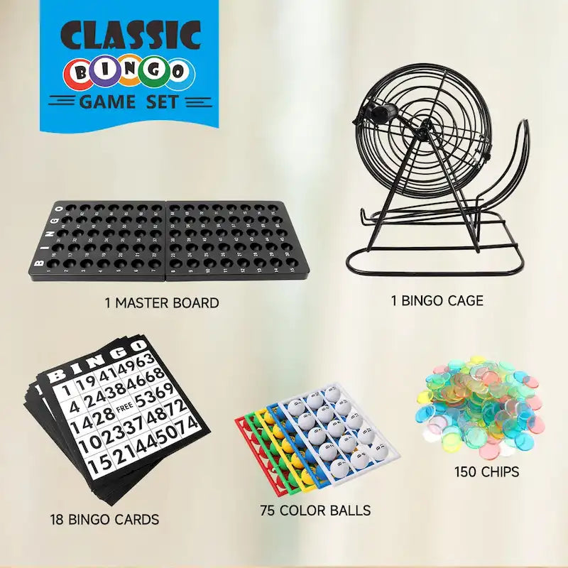 Jeu de bingo classique GSE pour enfants et adultes, idéal pour toute la famille : cage à roulettes, plateau, 75 boules de bingo, 150 jetons et 18 cartes de bingo.