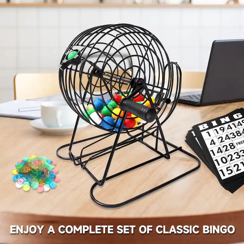 Jeu de bingo classique GSE pour enfants et adultes, idéal pour toute la famille : cage à roulettes, plateau, 75 boules de bingo, 150 jetons et 18 cartes de bingo.