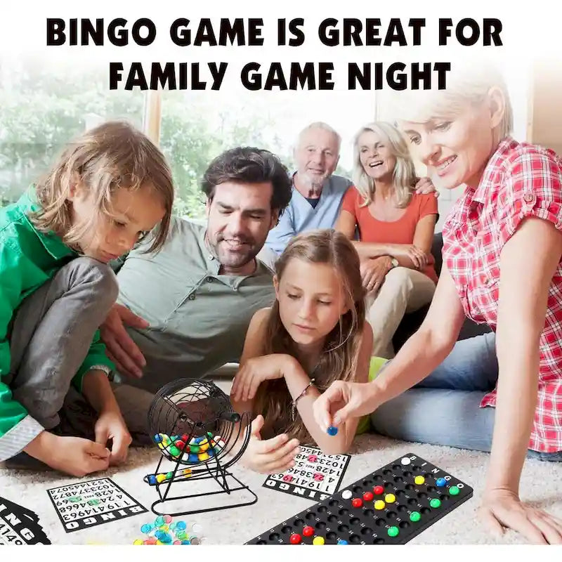 Jeu de bingo classique GSE pour enfants et adultes, idéal pour toute la famille : cage à roulettes, plateau, 75 boules de bingo, 150 jetons et 18 cartes de bingo.