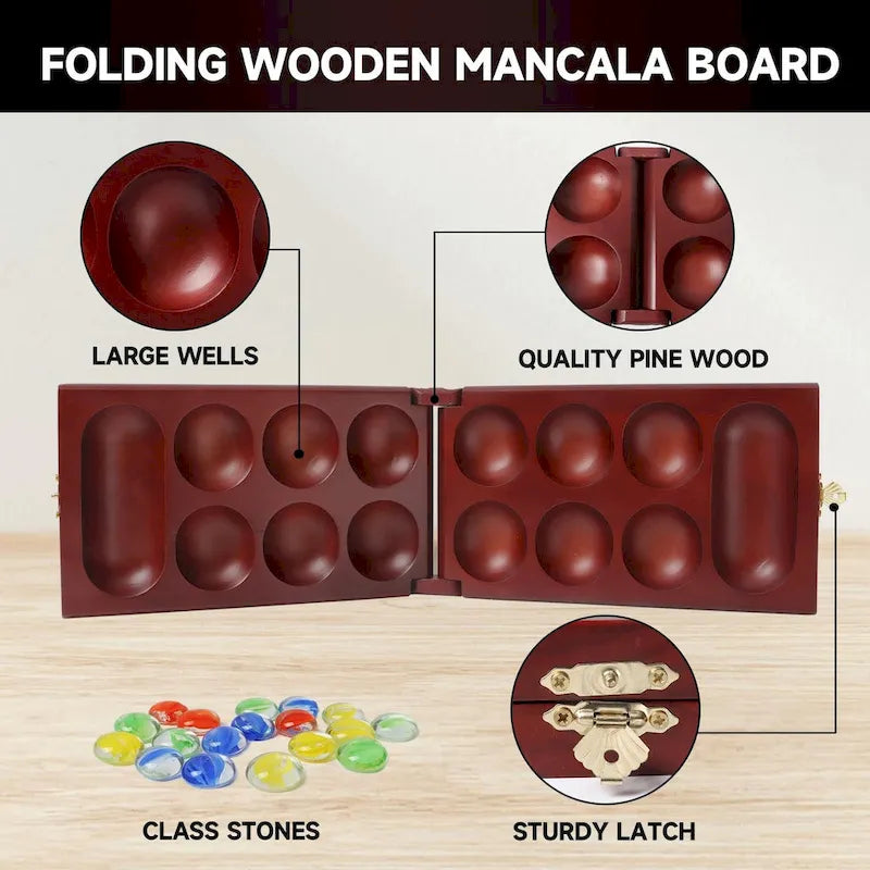 Jeu de Mancala pliable en bois d'acajou GSE avec pierres en verre multicolores et sac de rangement