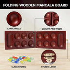 Jeu de Mancala pliable en bois d'acajou GSE avec pierres en verre multicolores et sac de rangement
