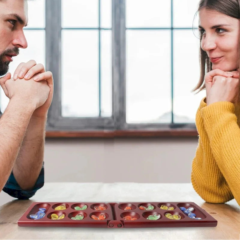 Jeu de Mancala pliable en bois d'acajou GSE avec pierres en verre multicolores et sac de rangement