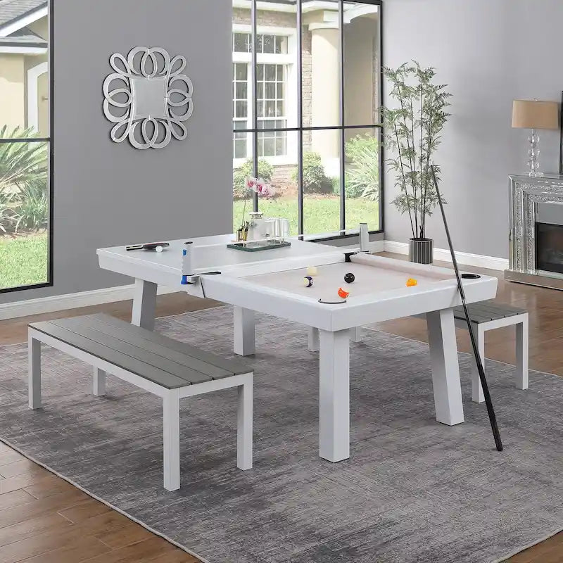 Ensemble table de billard Laguna pour intérieur/extérieur, 2,13 m (7 pi), en ardoise, avec 2 bancs et accessoires, finition blanche.