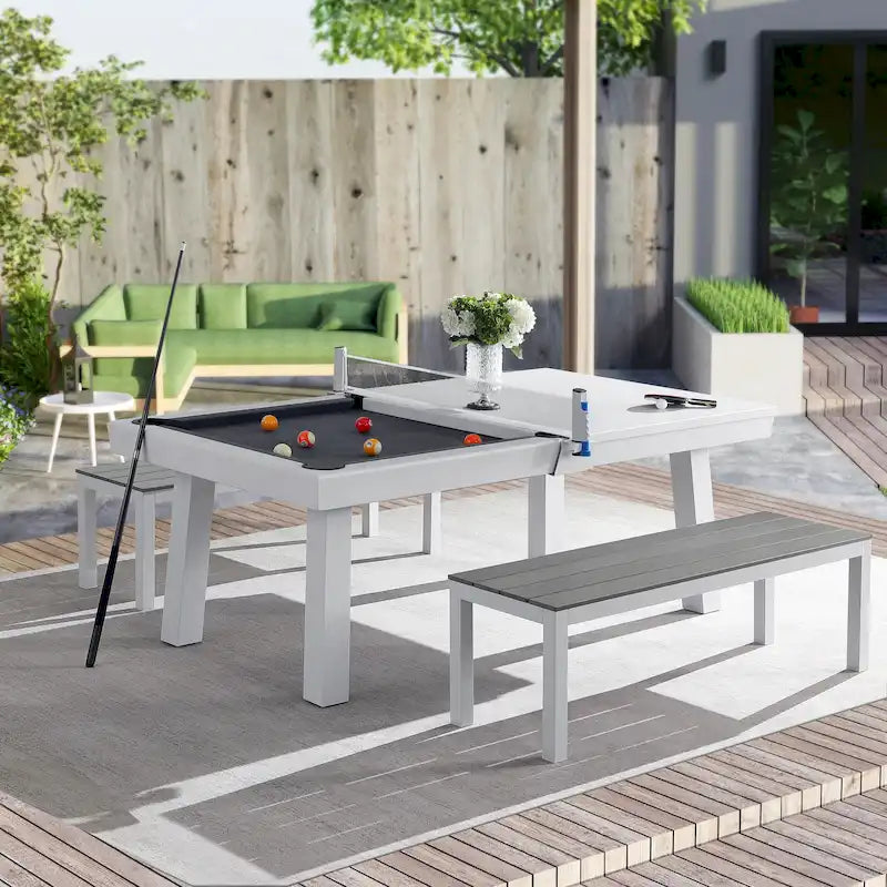 Ensemble table de billard Laguna pour intérieur/extérieur, 2,13 m (7 pi), en ardoise, avec 2 bancs et accessoires, finition blanche.