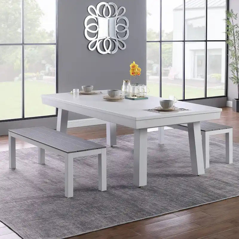 Ensemble table de billard Laguna pour intérieur/extérieur, 2,13 m (7 pi), en ardoise, avec 2 bancs et accessoires, finition blanche.