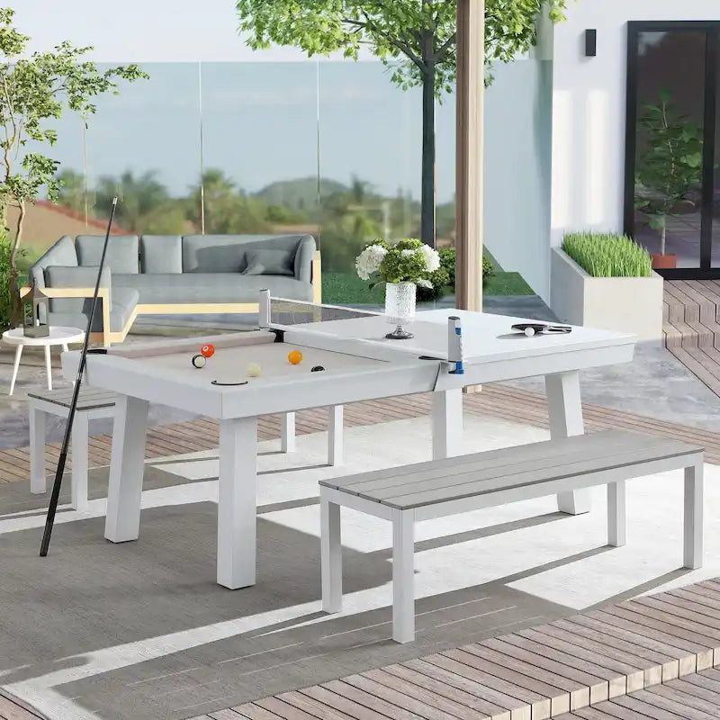 Ensemble table de billard Laguna pour intérieur/extérieur, 2,13 m (7 pi), en ardoise, avec 2 bancs et accessoires, finition blanche.